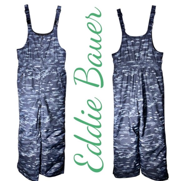 EDDIE BAUER POWDER SEARCH SKI BIB GRAY GEOMETRIC WINTER INSULATED, YOUTH MEDIUM - Picture 1 of 16